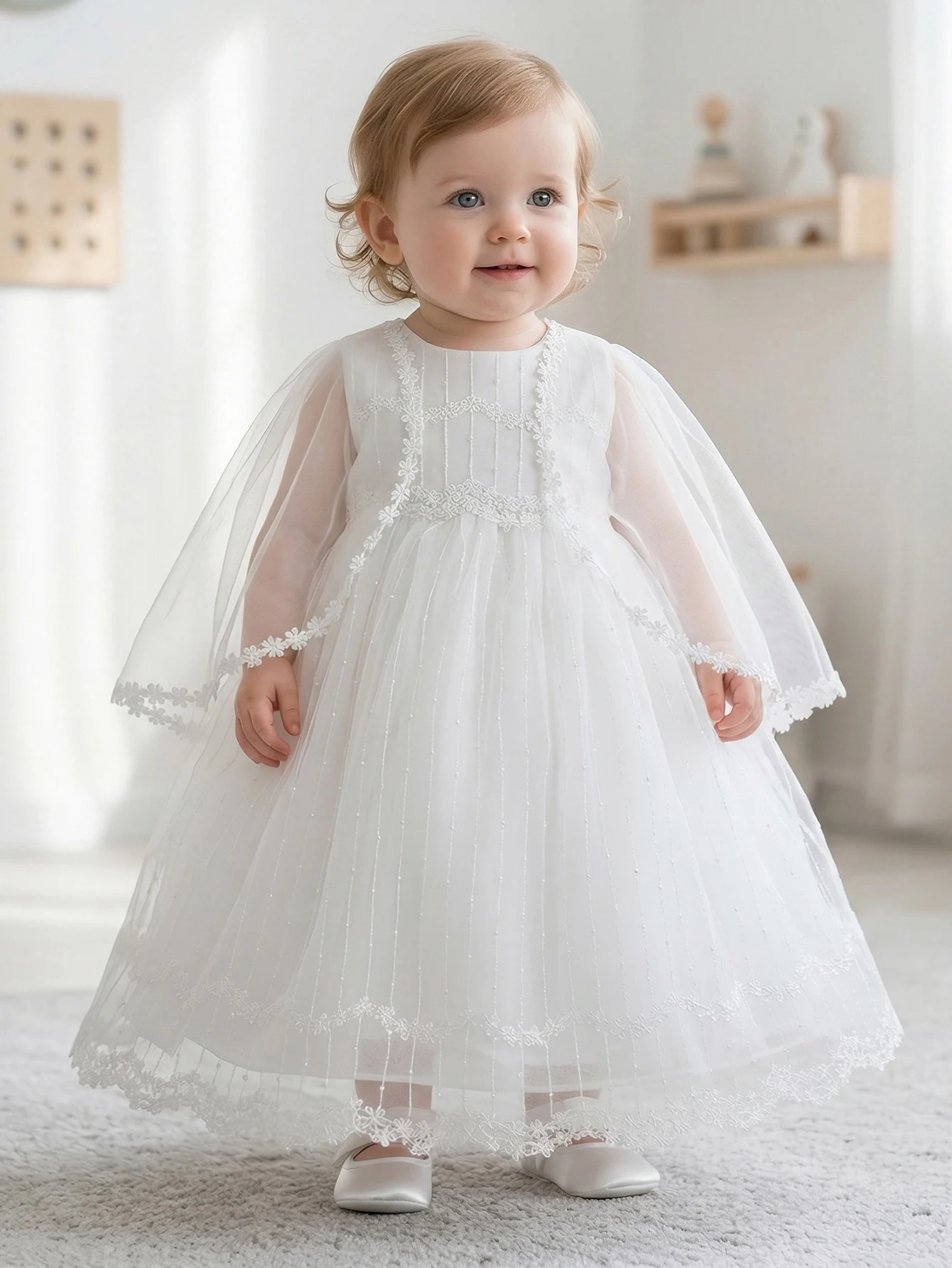 Baby Girl White Wedding Flower Girl Skirt with Shawl-like Veil Elegant Lace Embroidered Gown. Birthday, Banquet, Vacation