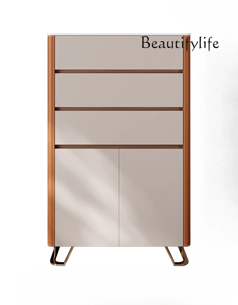 

Light Luxury Saddle Leather Chest of Drawers Modern Wall Locker Multi-Functional High Storage Bedroom Solid Wood Side Cabinet