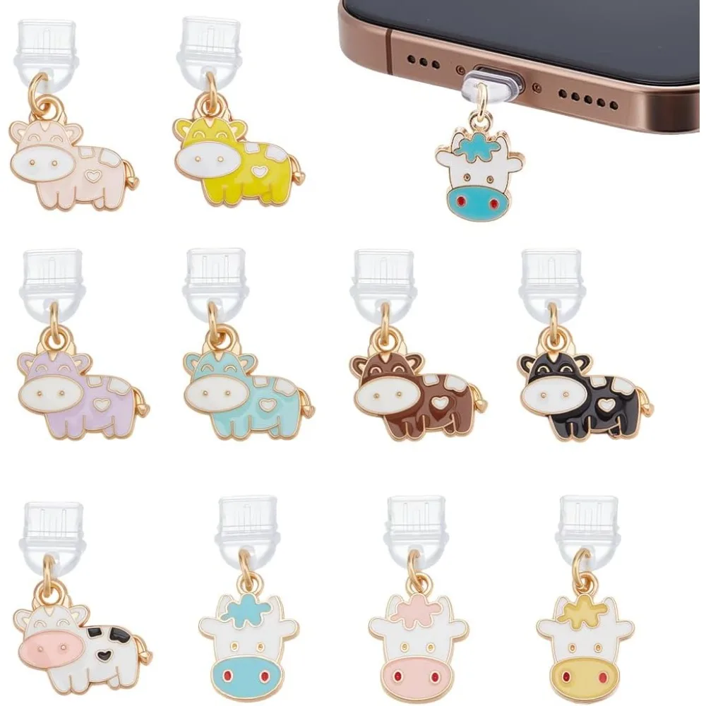 10 Stück Staubstecker Charm 1,2 Zoll lang Anti-Staub-Stecker Mobile staubdichte Stecker USB C Port Caps Schutz mit Legierung Emaille Kuh