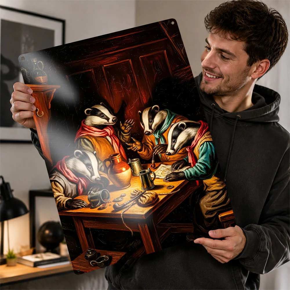 Anthropomorphic Badgers At Tavern Table Textured Poster Customized Metal Tin Sign Vivid Colorful Animal Wall Art For Bedrooms