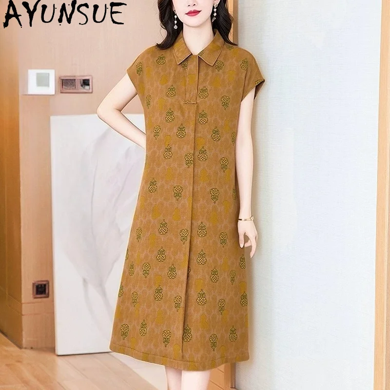 AYUNSUE 100% Mulberry Silk Dresses for Women Vintage Printed Summer Dress Women High-end Female Shirt Dress 2026 Robe Femme Été