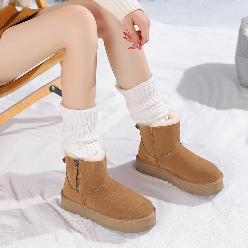 Natural Cow Suede Fur Women Wool Snow Boots Winter Brown Black Platform Side Zipper Ladies Round Toe Ankle Boots Oversize Shoes