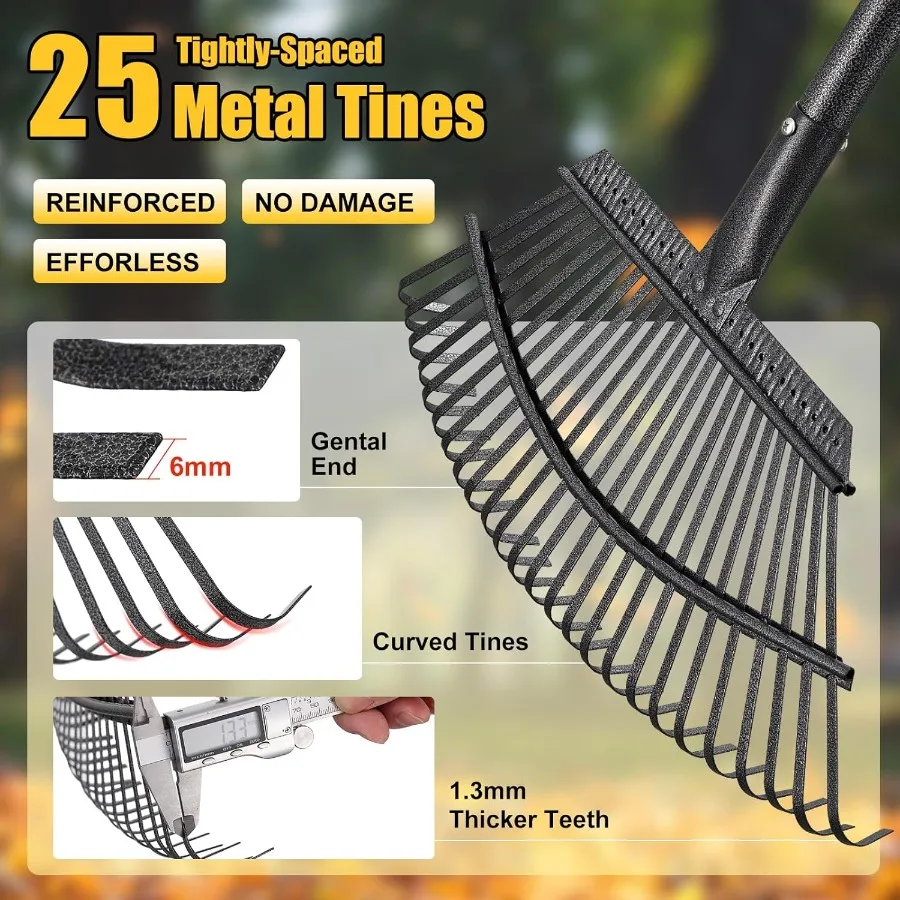 頑丈なガーデンレーキで効率的な落ち葉やゴミの掃除：18インチ幅の金属製レーキ、65cm調節可能なハンドル、25歯のデザイン