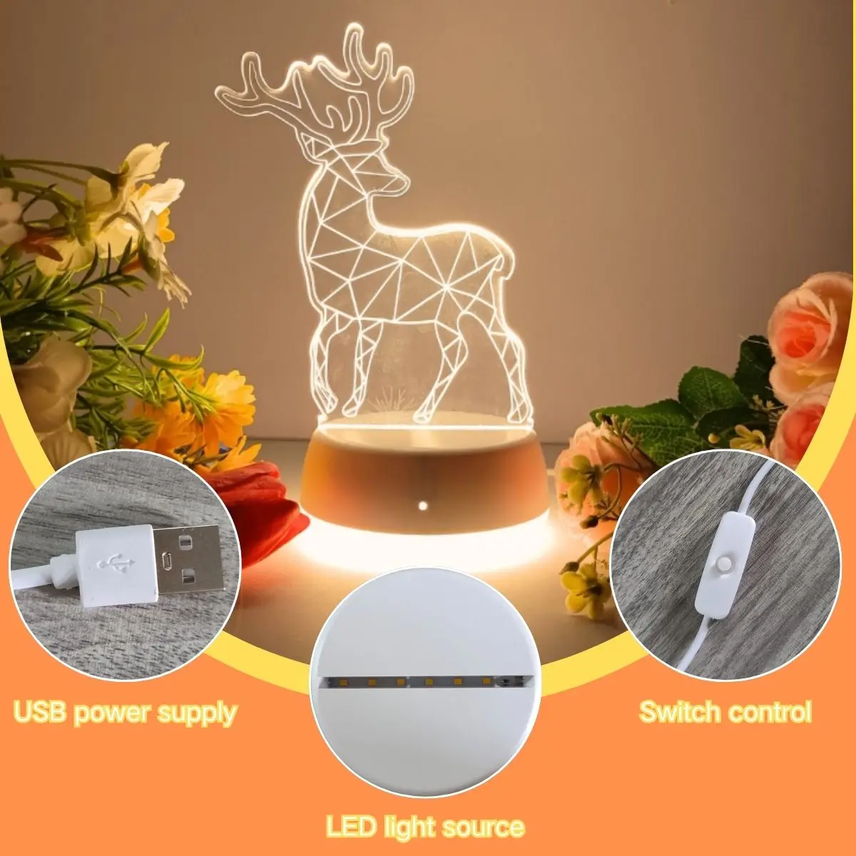 1pc Geometry Deer 3D Warm Night Light, USB Power Switch Control, Suitable for Multiple Scenarios, A Good Gift.