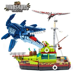 Ideas Cretive Dinosaur Ship Building Block MOC Escape Mosasaurus Ocean Exploration Model Bricks Assembly Toys Gift For Childrens