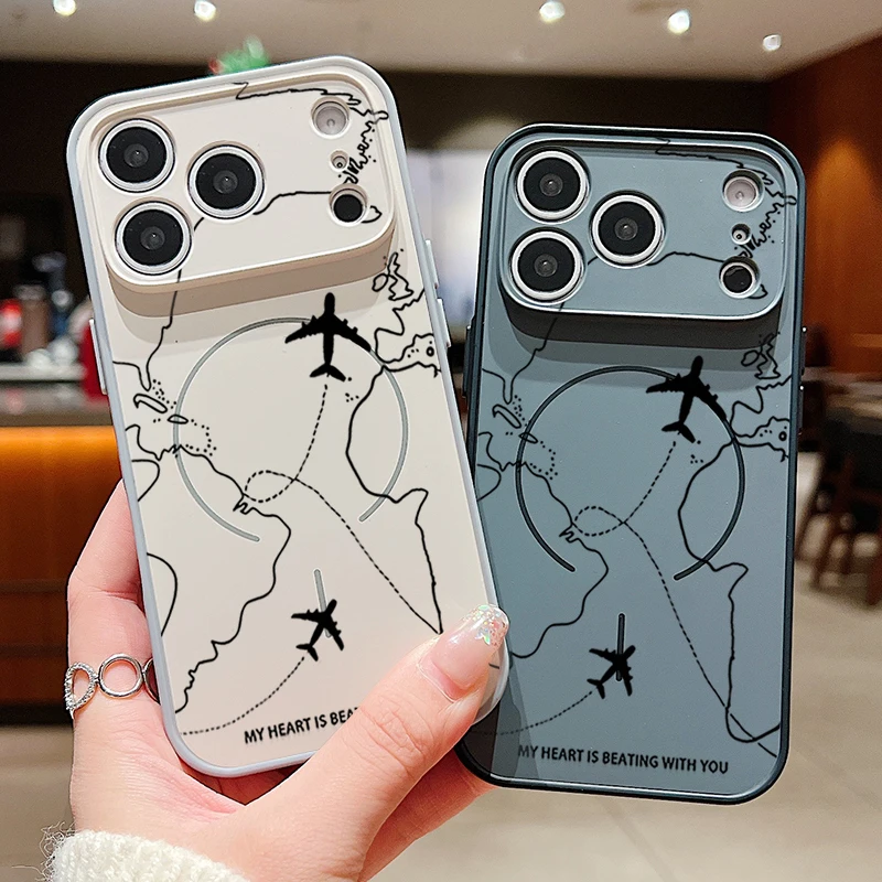 Magnetische Handyhülle mit Flugzeug-Route-Muster für iPhone 17 Pro Max 16 15 14 13 Pro Max für Magsafe Wireless Charge Hard PC Cover
