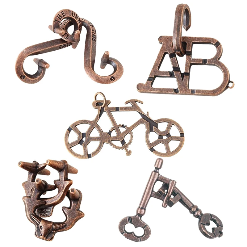 Retro Magic IQ Metal Brain Teaser Puzzles Set 5PCS Entsperren Interlock Game Mind Logic & Skill Development Lernspielzeug