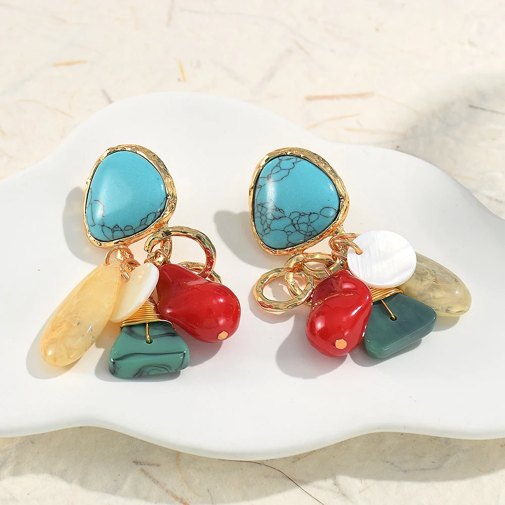 Ethnic Colorful Imitation Turquoise Geometric Pendant Earrings Resin Women's Earrings Jewelry Accessories