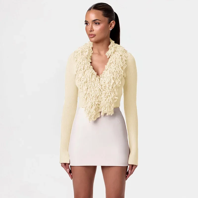 Knitted Ribbed Tassel Tops Women 2024 Autumn Fluff Patchwork Single-Breasted Skinny Stretch Casual Chic Cardigan Streetwear