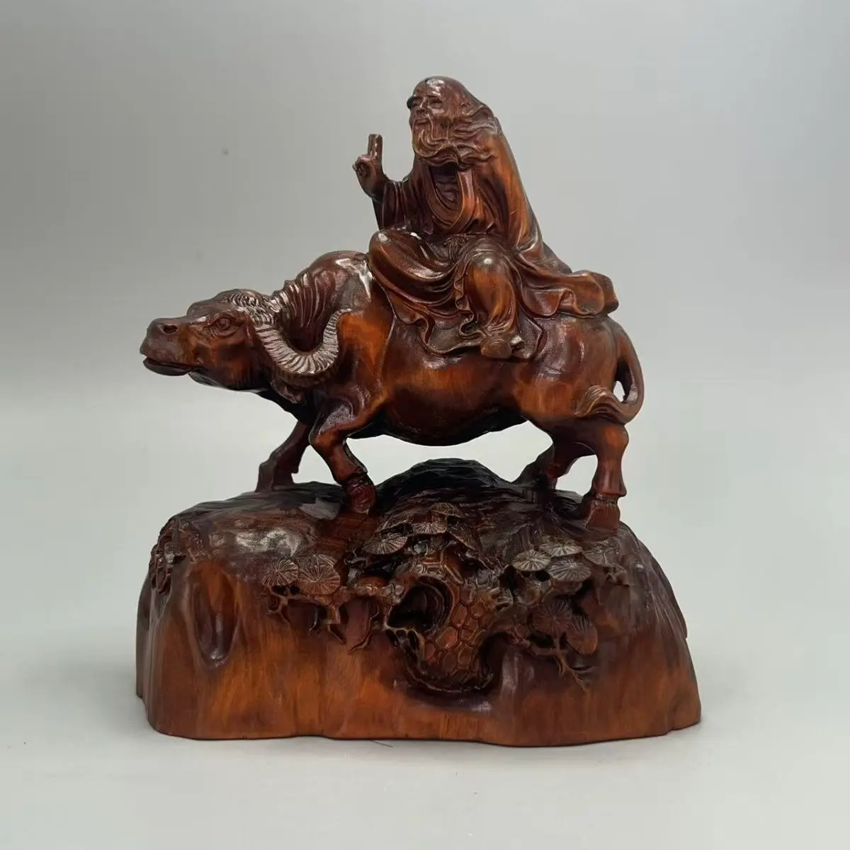 Hand Carved Wood Chinese philosopher laozi riding a cow Statue Figurine Desktop Ornaments Home Decoration Crafts Tea Pet Decor