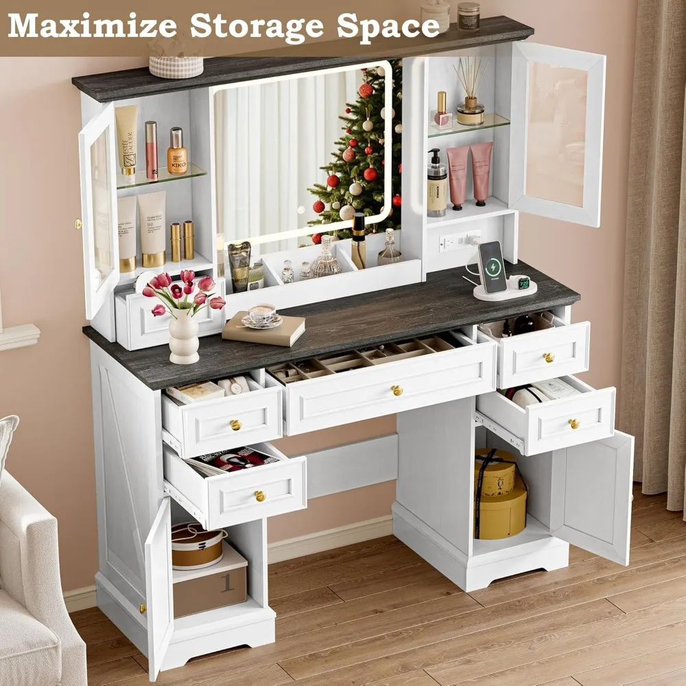 

Vanity Desk with Lights – Large 3-Color LED Mirror, Power Outlet & USB Ports, 6 Drawers & 2 RGB Strips | Perfect for Bedrooms