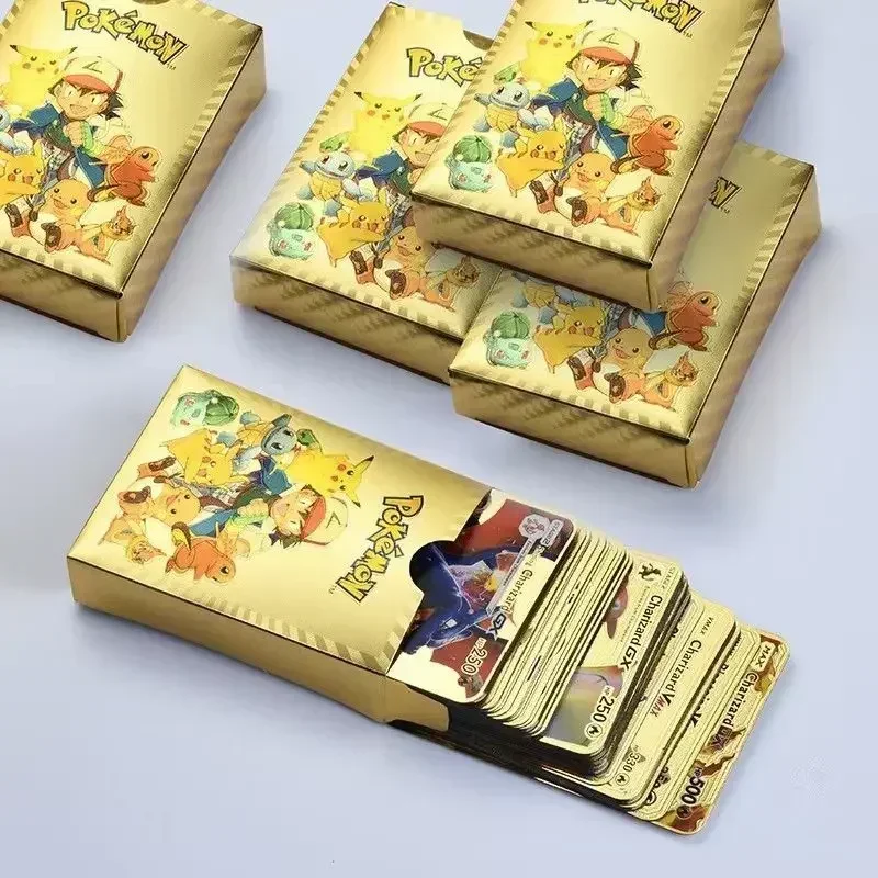 55 Uds. Tarjetas Pokemoned lámina dorada letras doradas inglés alemán juego de tarjetas Metalicas Charizard Vmax Gx Series regalo