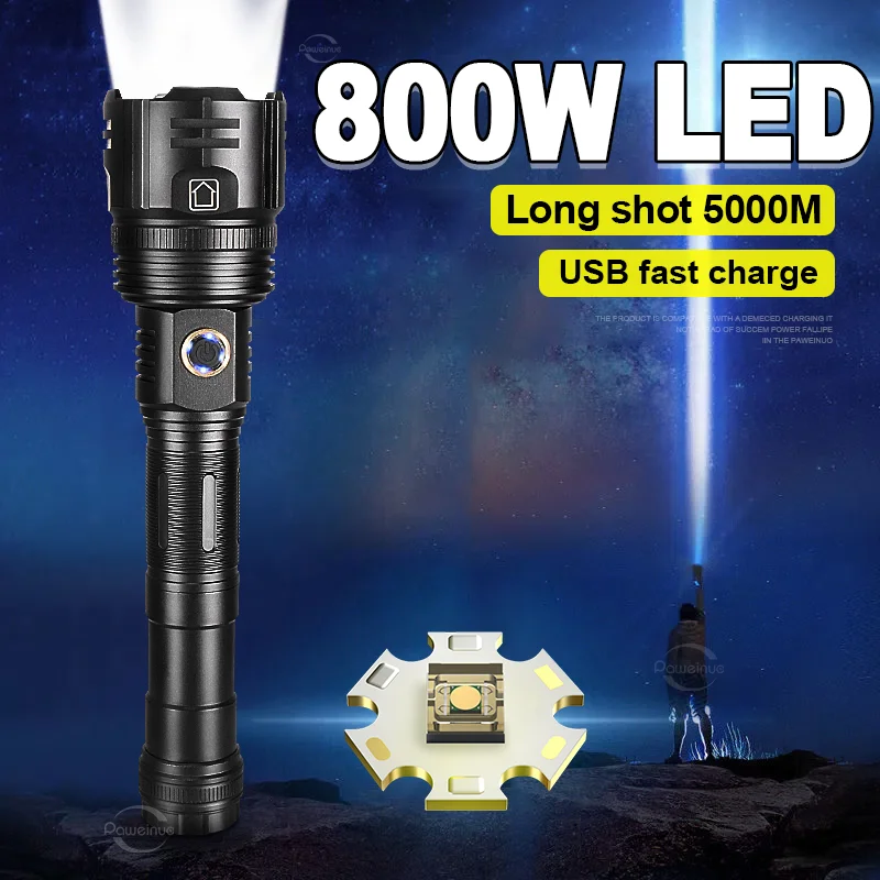 

New 800W Ultra-High Power LED Flashlight Waterproof Rechargeable Torch 26650 Outdoor Work Light Camping Lantern