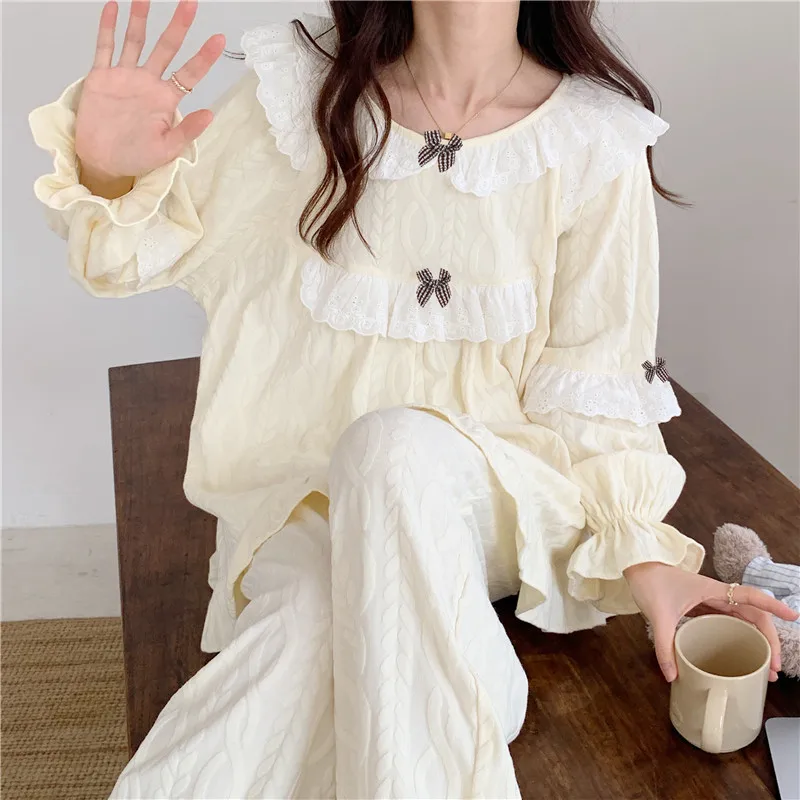 Sweet Princess Style Lace Design Pajamas Women\'s Spring 2024 New Cute Girl Can be Worn Outside Loungewear Set