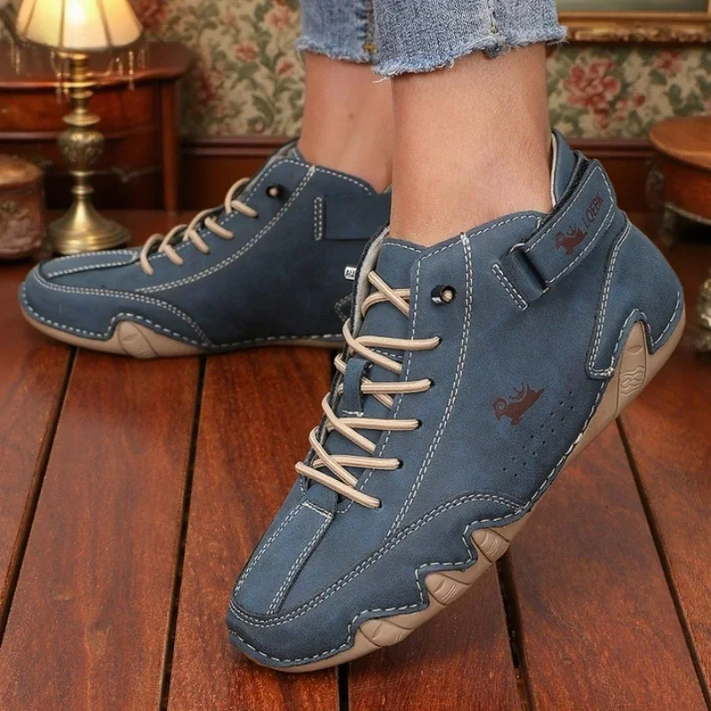Women's Casual Leather High Top Ankle Shoes Unique Stitching Lace Up Walking Shoes Anti Slip Luxury Brand Retro Women's Boots