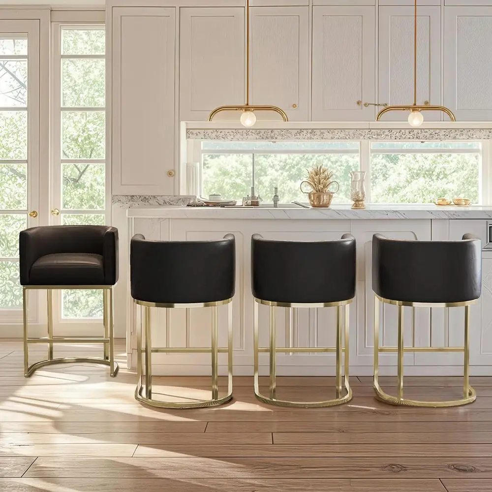 

Set of 4 Upholstered 26 High Bar Stools with Armrests, Black Leather and Polished Gold Metal Base
