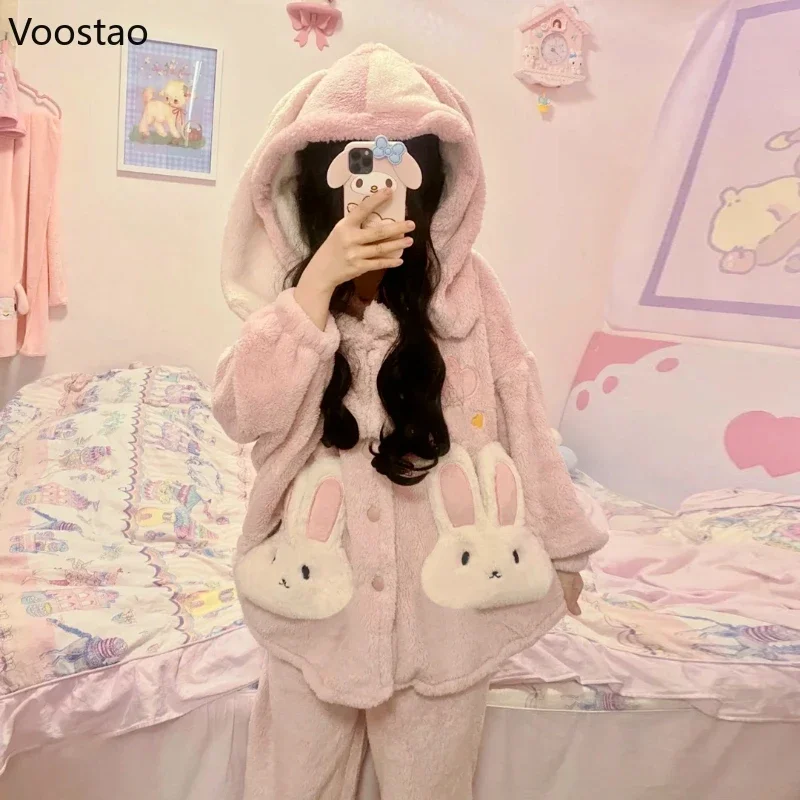 Autumn Winter Cute Lolita Princess Pajamas Sets Warm Cartoon Rabbit Ears Hooded Plush Leisure Wear Girl Sweet Homewear Sleepwear