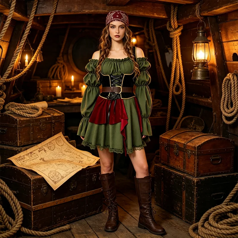 Disfraz de Pirata para Mujer, Vestido Medieval Renacentista (Incluye Cinturón y Tocado), Disfraz de Cosplay para Fiestas Temáticas de Halloween y Carnaval