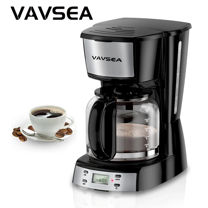 VAVSEA Cafetera programable de 12 tazas, cafetera de goteo de 900 W con jarra de vidrio, apagado automático, para el hogar, color negro