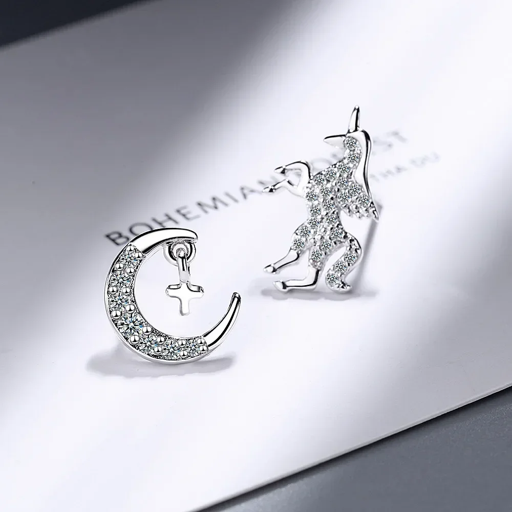 925 Sterling Silver Cute Crystal Moon Cross Unicorn Stud Earrings For Women Korean Wedding Party Jewelry Gift Female Pendientes