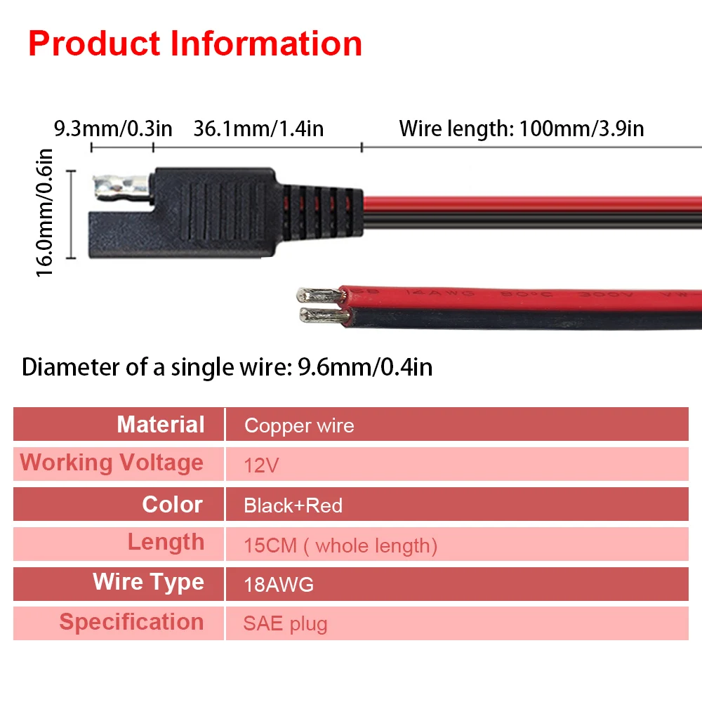 12V 18AWG DIY SAE Power Extension Cable with Male and Female Plugs for Car Solar Charger and Battery