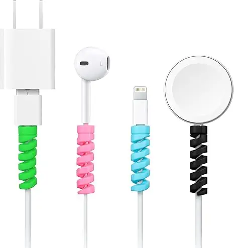 24 Pcs Charger Cable Protector,Silicone Flexible Cable Saver,Spiral USB Mouse Wire Protector for Headphone Laptop Earphone Cell Phone Wrap Accessories (Black,Pink,Blue,Green)