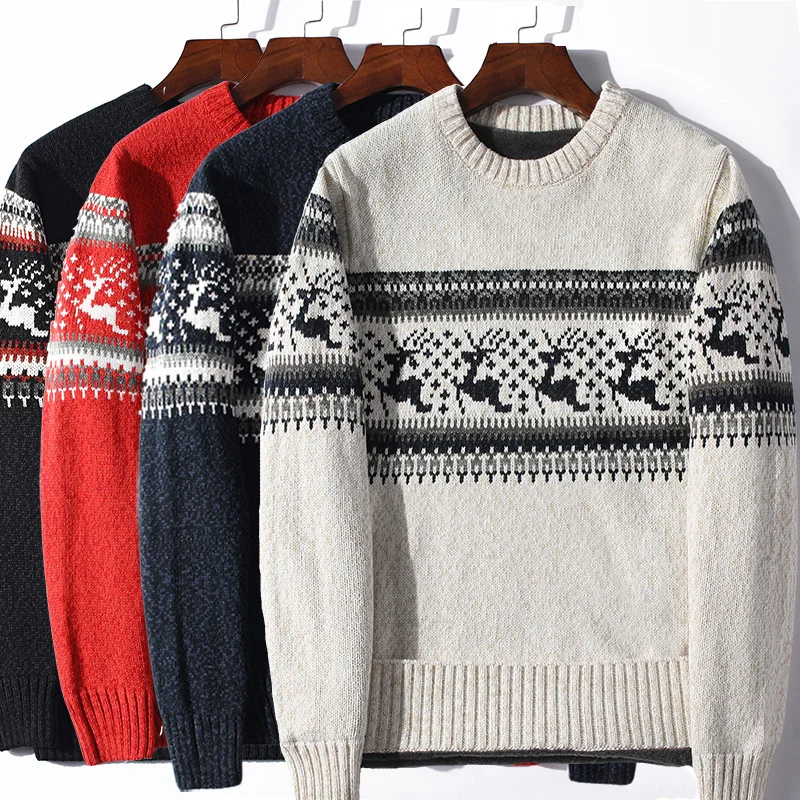 Winter Pullover Sweater Male Clothing  Thick Fleece Wool Men's Jumpers Coats Jacquard deer christmas Knitted Sweater Men vintage