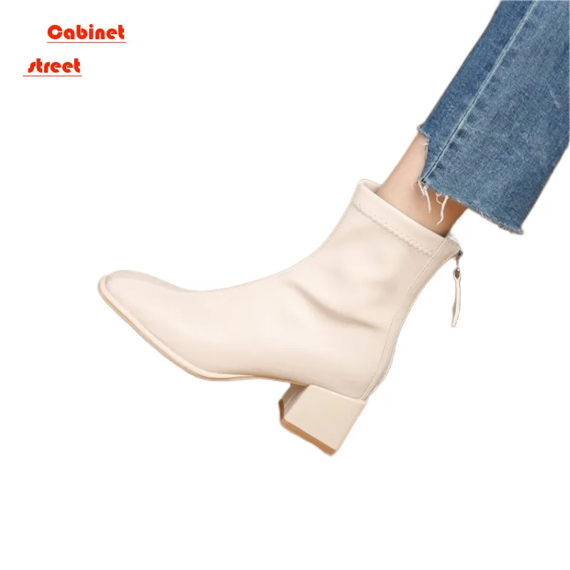 

Small White Ankle Snow Boots Women Thin Thick Heel Square High Heels 2024 New Autumn Winter Midleg Tactical Female Shoes