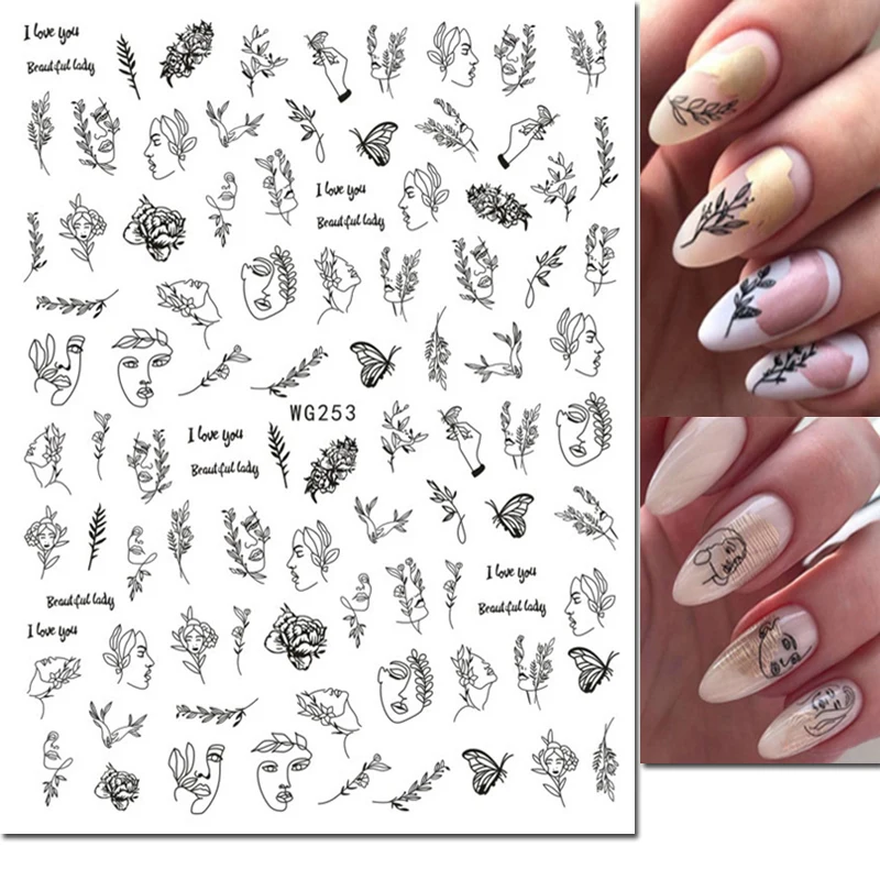 3d Nail Art Stickers Abstract Black Lines Girls Leaves Flowers Butterflys Adhesive Sliders Decals For Nail Manicure
