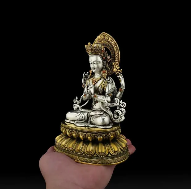 15CM Tibet Silver Plated 4 Arm Chenrizig Buddha Copper Statue