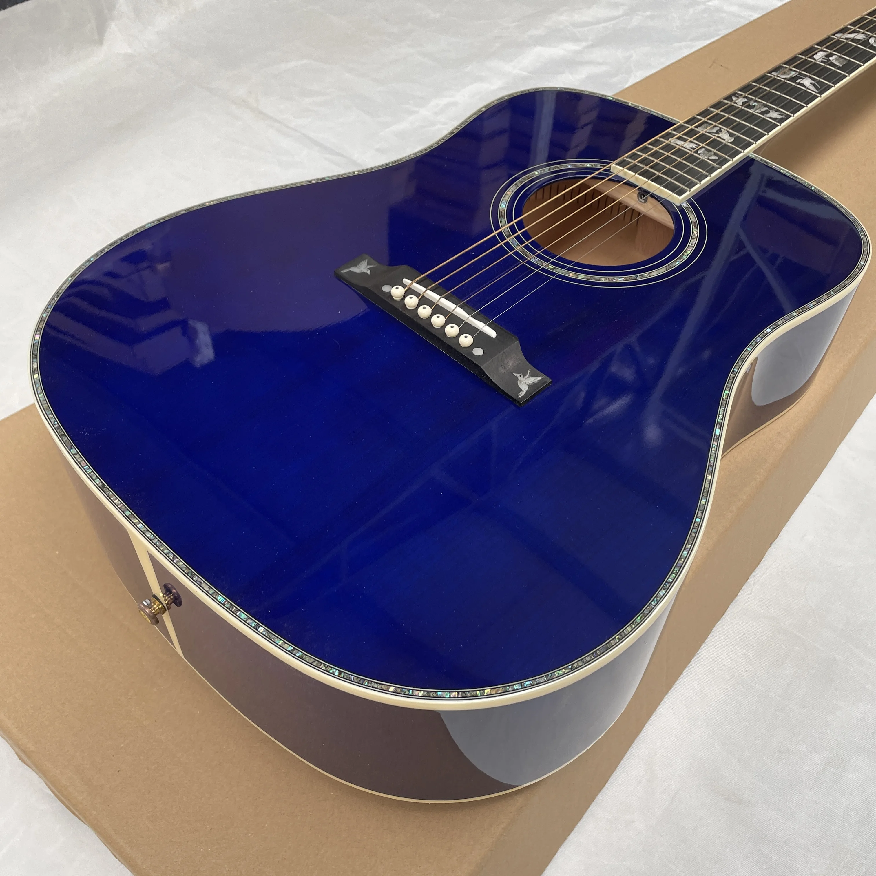 Picture 3: High-appearance-level 6-string folk guitar, sky blue full shell binding spruce top guitars, bird inlay beginner guitarra