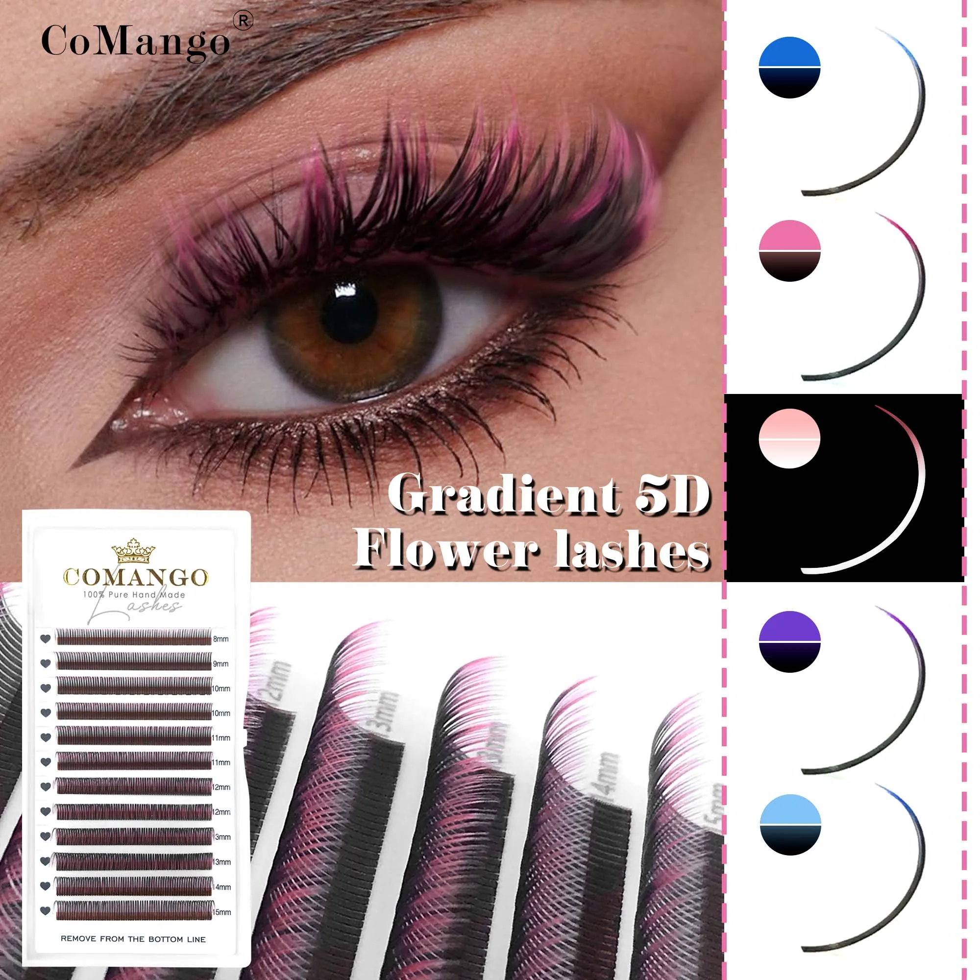 CoMango Natural False Mink Gradient Colorful Eyelashes Extension 5D Ombre Pink White Blue Purple False Lashes