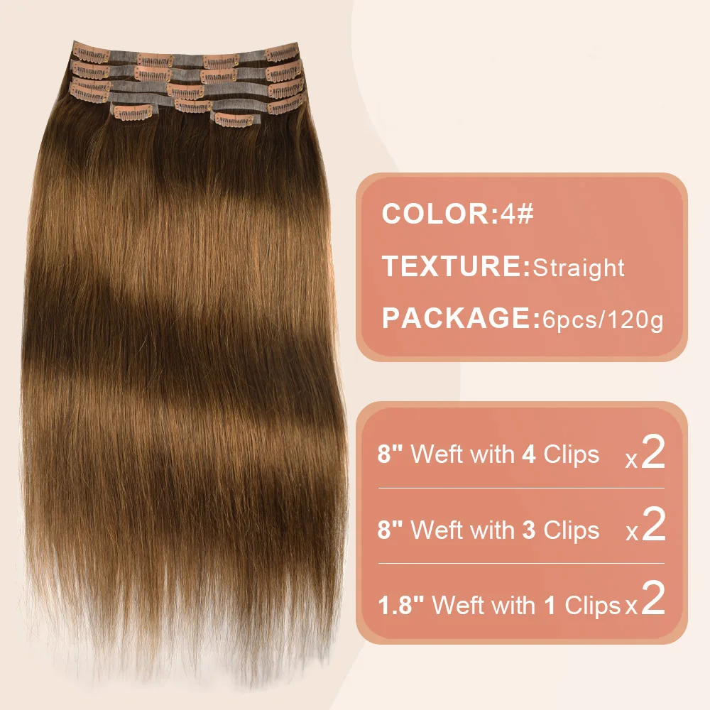Clip recto sin costuras en extensiones de cabello humano 100% Real, 6 uds., 120g, Clip brasileño Invisible sin costuras para mujer