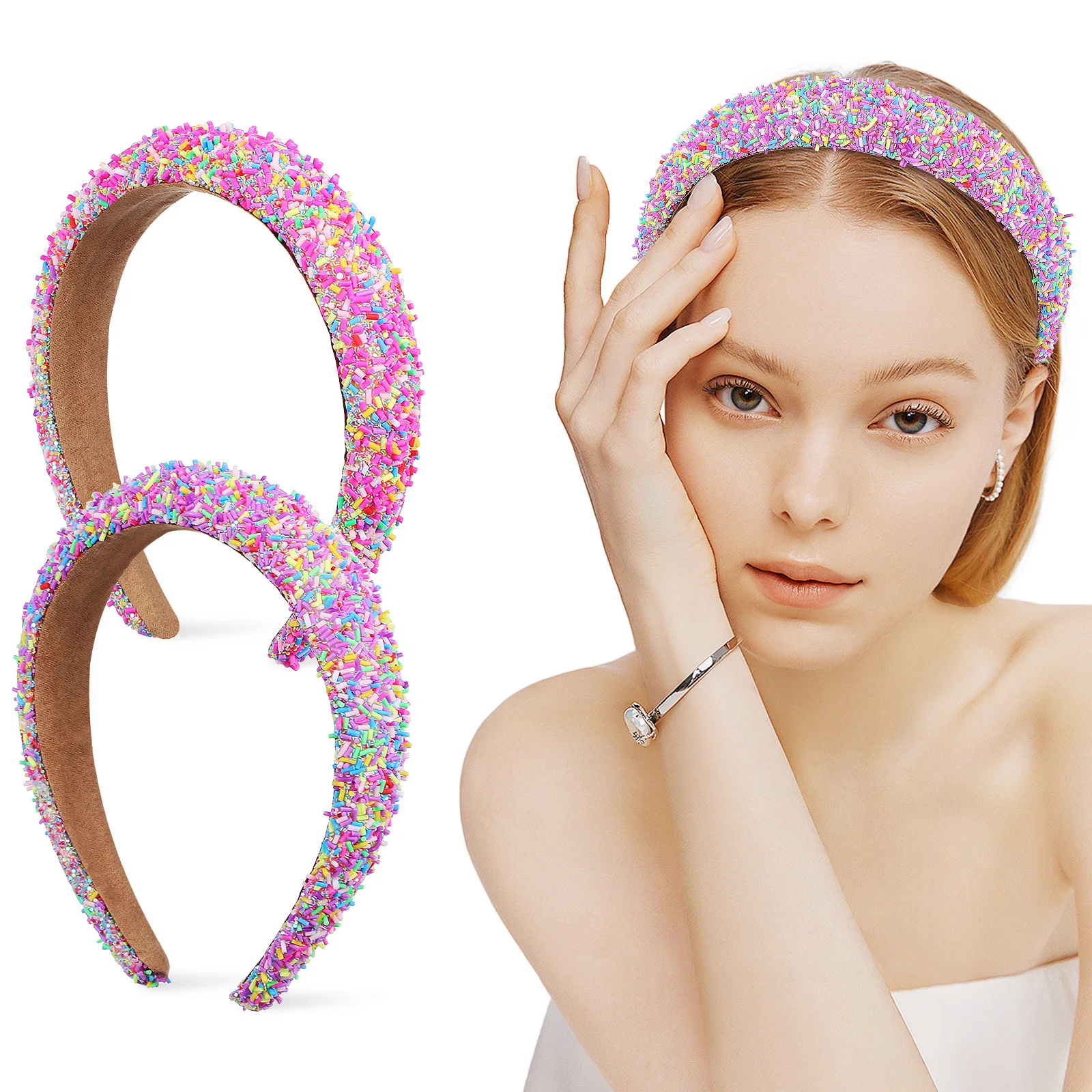 

2Pcs Fashion Wide Padded Headbands Non-Slip Cute Candy Sprinkle Hair Accessories Trendy Chunky Sparkly Headbands Holiday Party