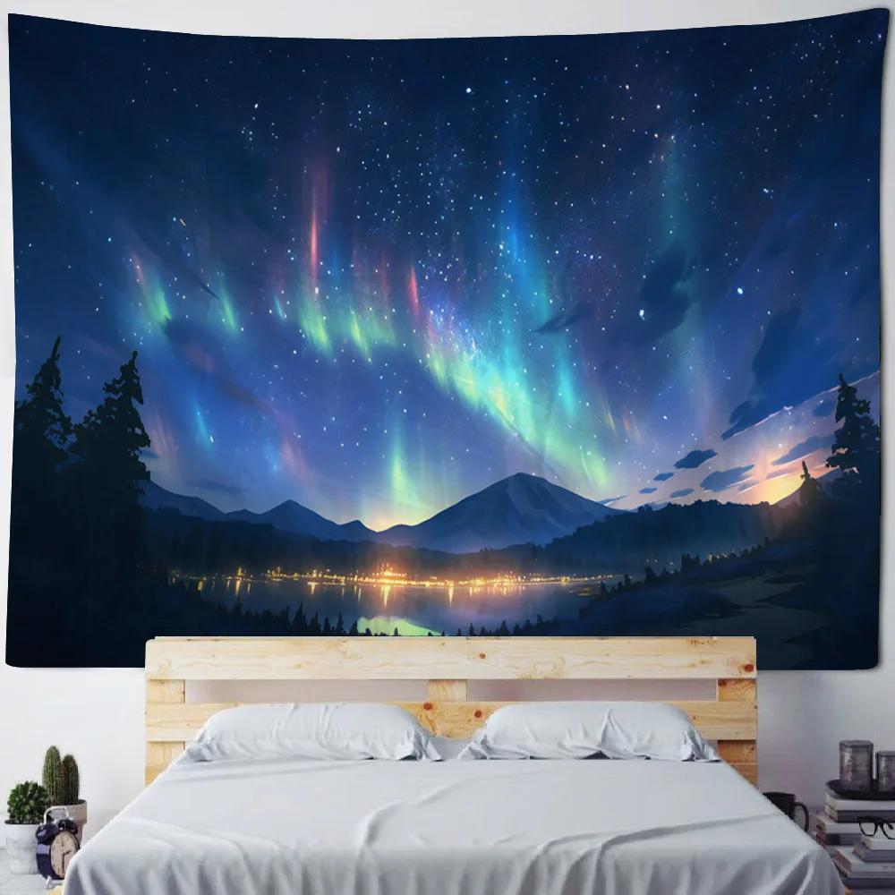 Urban starry sky landscape tapestry, mysterious universe wall hanging, living room, bedroom hanging cloth, home art decoration