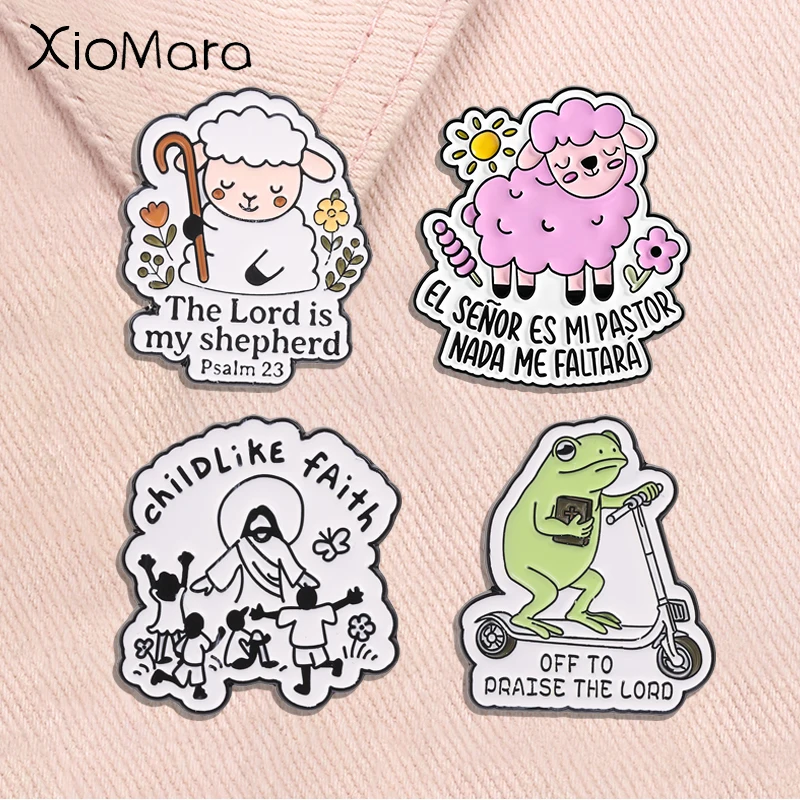 Broches en émail avec versets bibliques chrétiens, mouton de dessin animé, épi de berger, grenouille, Jésus, eau vivante, foi, bijoux religieux, cadeaux