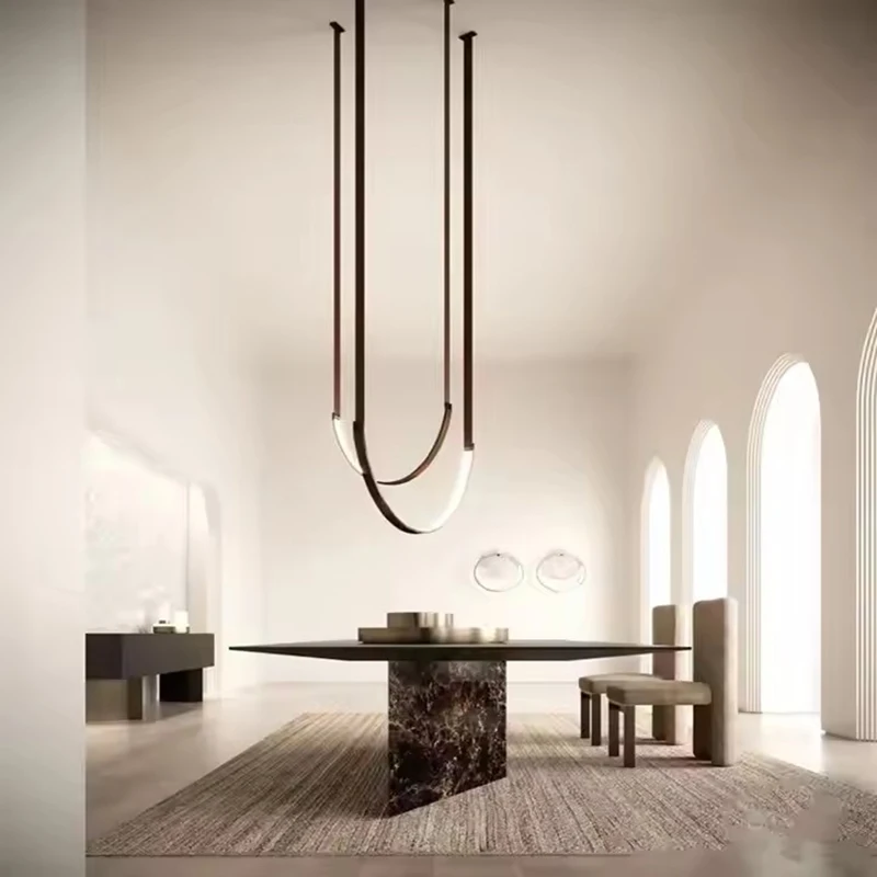 Modern Minimalist Line Chandelier Lamp U-Shaped LED Suspension for Living Dining Room Hotel Lobby Leather Designer Pendant Light