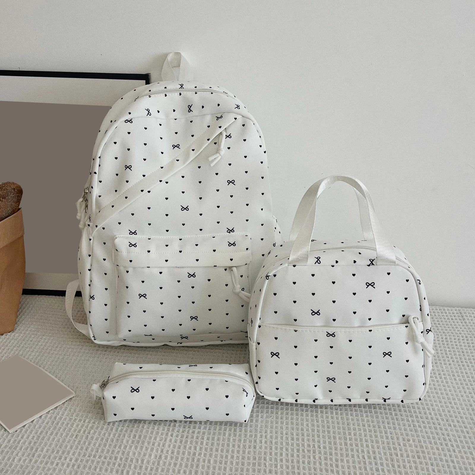 3Pcs Nylon Cute Daypack Large Capacity Aesthetic Backpack Polka Dot Bow for Travel Outings Picnics Recreational Activities