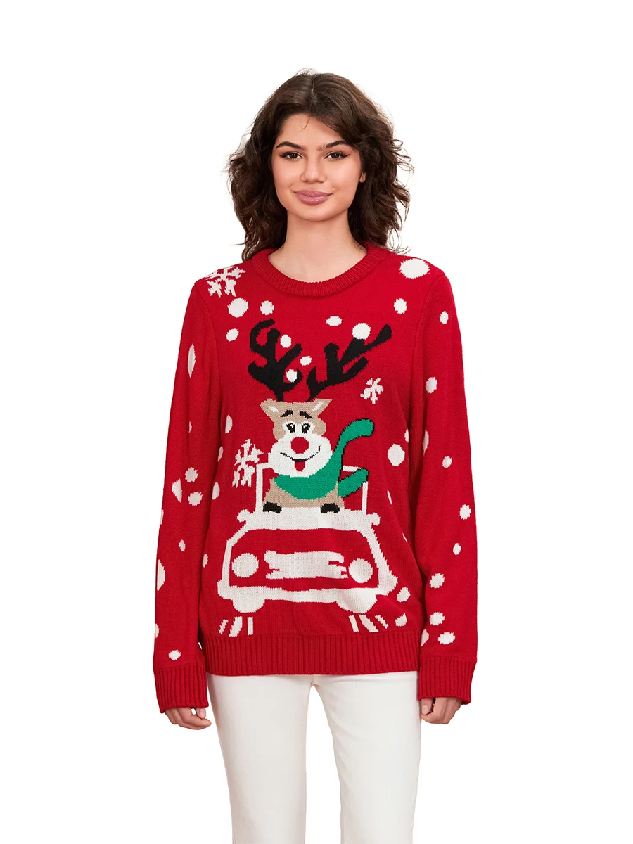 Women s Christmas Sweaters Reindeer Pattern Long Sleeve Round Neck Ribbed Knitted Tops