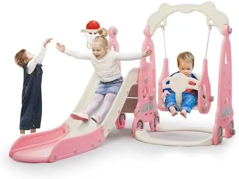 4 in 1 Slide Climber Swing Set, Freestanding Toddler Slide Climber Playset with Basketball Hoop, Toddler Playground