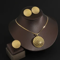 Golden Stainless steel necklace + earrings + ring Set for Women's Jewelry glossy round geometric flowers Pendant Fashion Gift