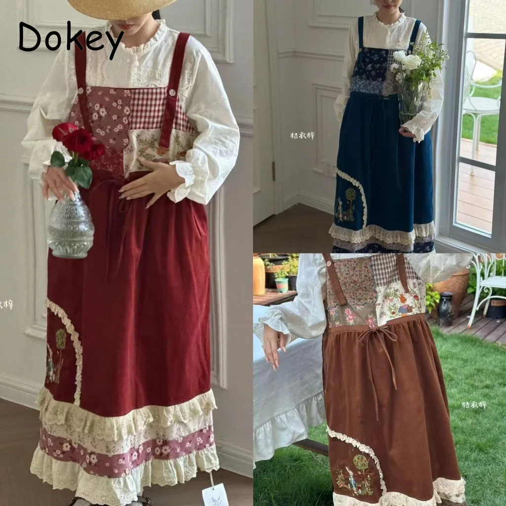 Abito generale Lolita in velluto a coste vintage Abito da donna giapponese Mori Girl Patchwork Abito con bretelle Kawaii + set di camicie bianche a maniche lunghe