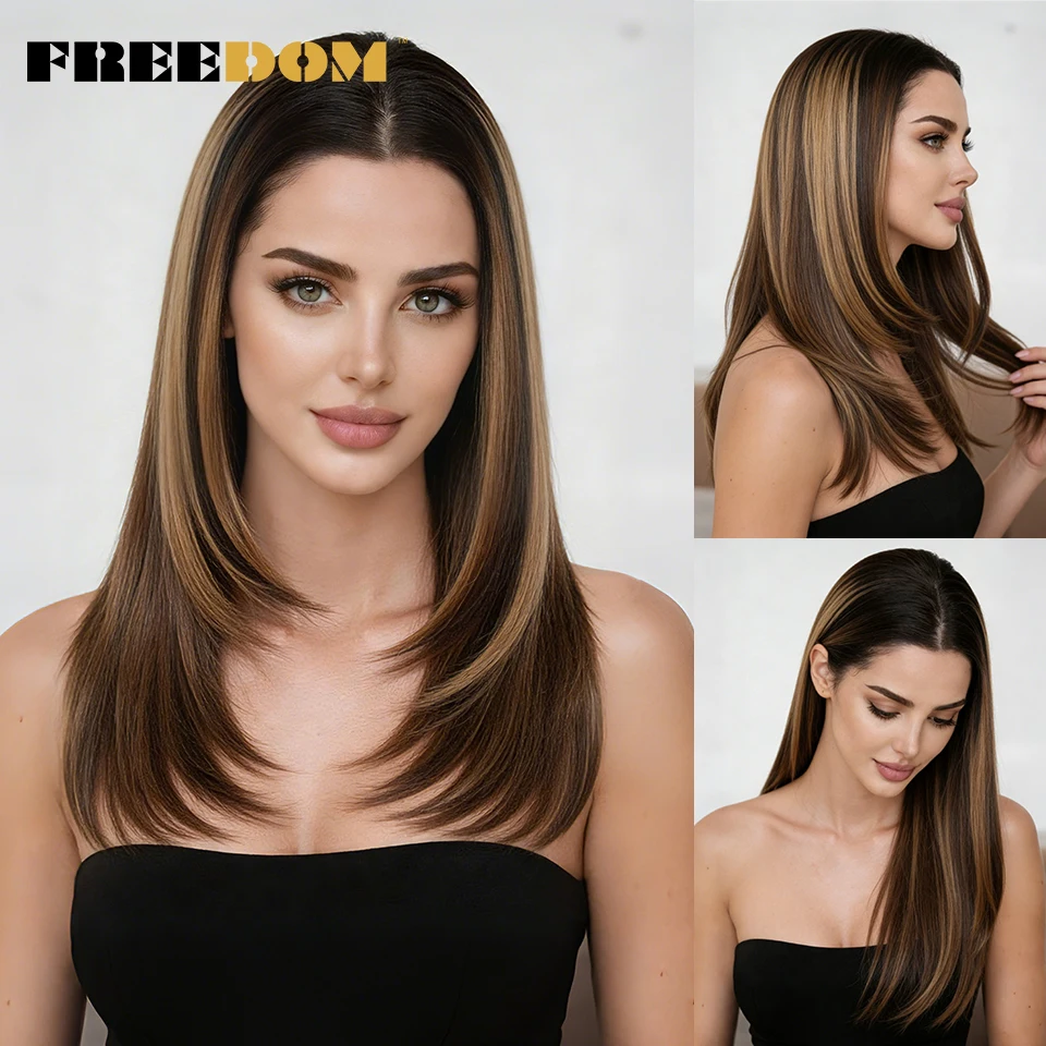 

FREEDOM 13x3 Synthetic Lace Front Wigs For Women 18" Layered Ombre Brown Blonde Wig Pre-plucked Easy Wear And Go Glueless Wig