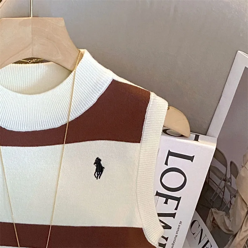 女性の刺繍ストライプセミタートルネックノースリーブセーター、用途の広いニットベスト、用途の広いインナーウェア、秋のトップ、新しい、2024