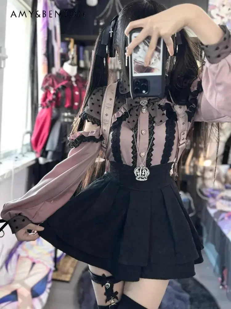 Mine Series Mass-produced Japanese Sweet Lace Bow Off Shoulder Long-sleeved Shirt Cute Polka Dot Splicing Lapel Lolita Shirts