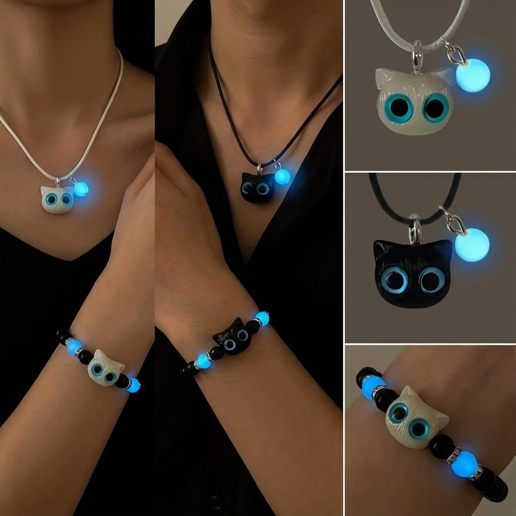 Leuchtende schwarze Katze-Anhänger-Armbänder für Damen und Herren, niedliches Cartoon-Harz, großes Auge, Kätzchen-Anhänger, Halskette, modischer Paar-Schmuck – Detail 2