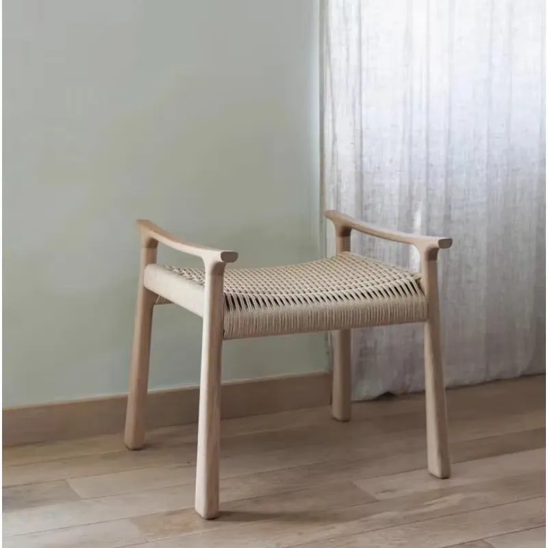 Italian Minimalist Solid Wood Shoe Changing Stool with Wicker Armrests Backless Design Traditional Handcrafted Wicker