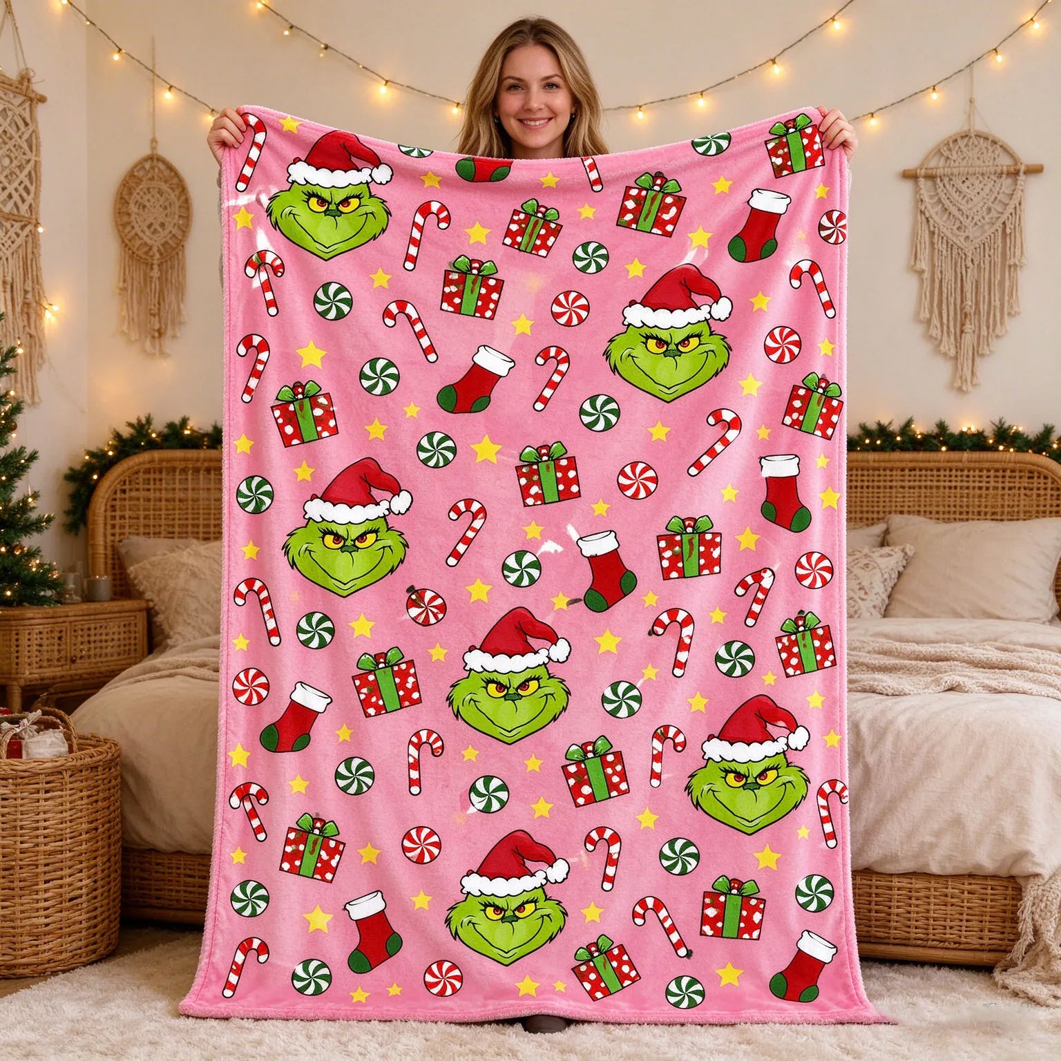 Christmas & New Year Blanket Flannel Printed Blanket for G-Grinch-S Halloween Suitable for Sofas Bedrooms Living Rooms and Beds