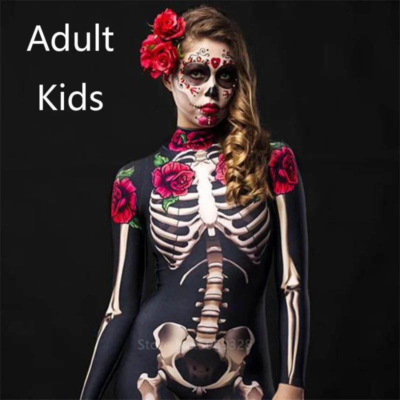 Family Costumes Adult Kids Halloween Costume Devil Women Skeleton Rose Horror Ghost Jumpsuit Performance Scary Day of The Dead J