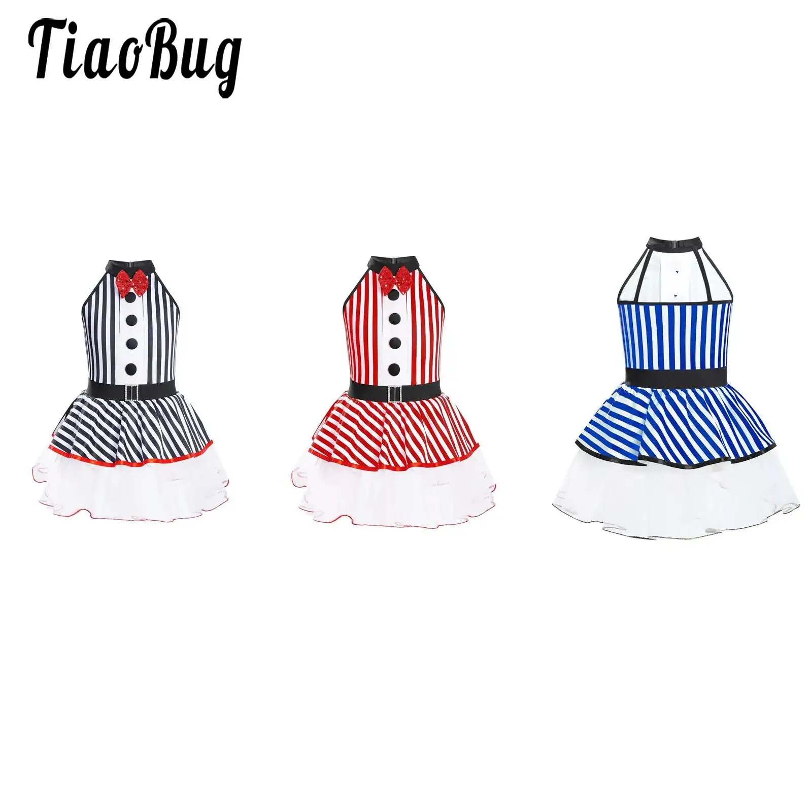 

Girls Leotards Tutu Dance Dress for Ballet Ballerina Costume Modern Skating Dancewear Striped Halter Sequin Bowknot Tulle Dress